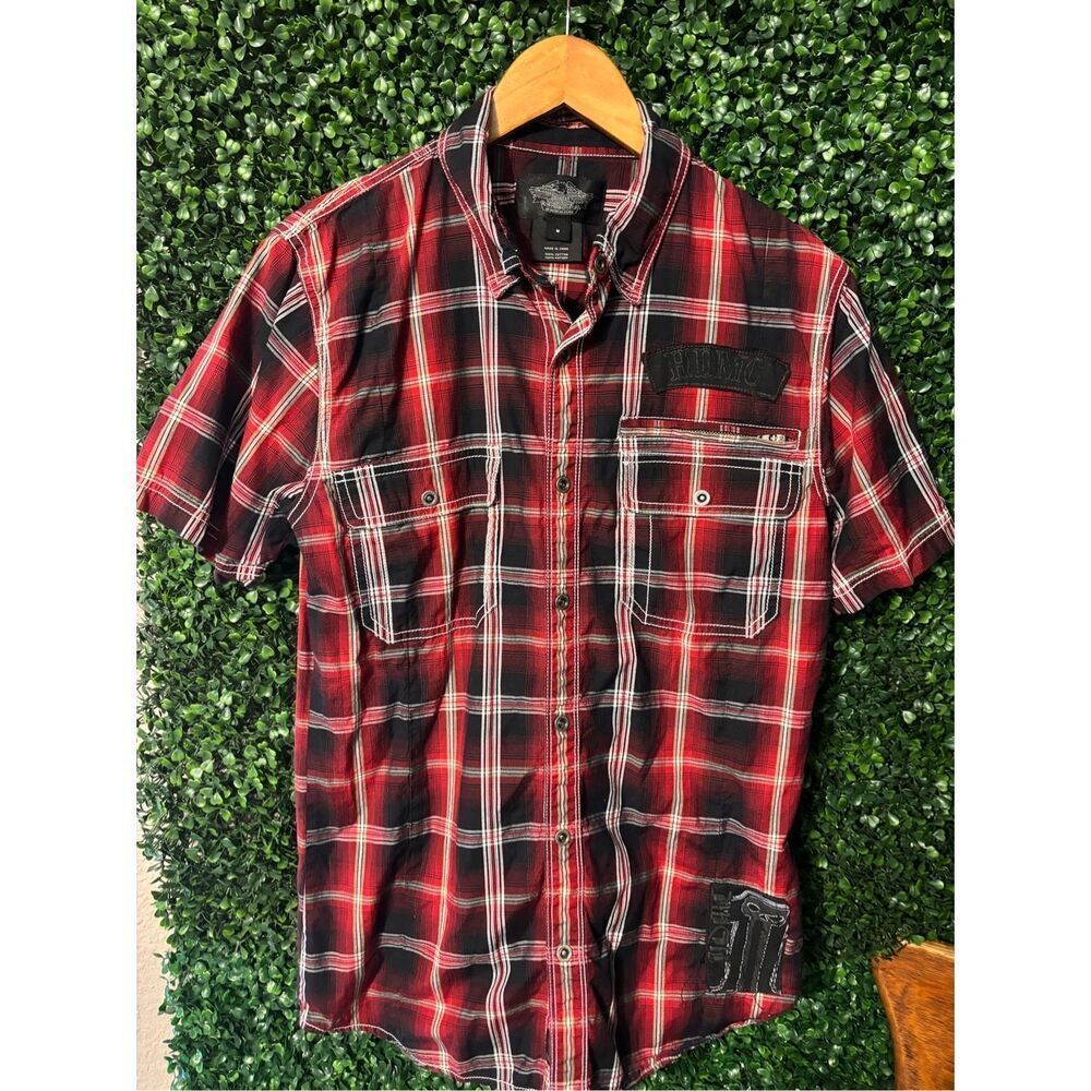 Harley Davidson Red Plaid Striped Button Front Shirt Mens Medium
